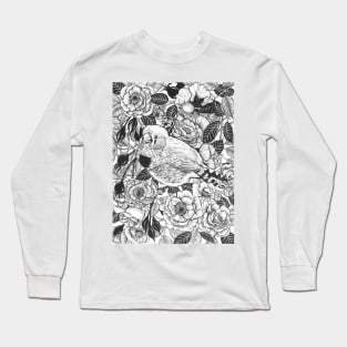 Zebra finch and rose bush ink drawing Long Sleeve T-Shirt